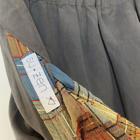 VTG Su-Zen Pull On Lagenlook Linen MIDI Skirt with Silk Plaid details Size Small - Picture 2 of 12